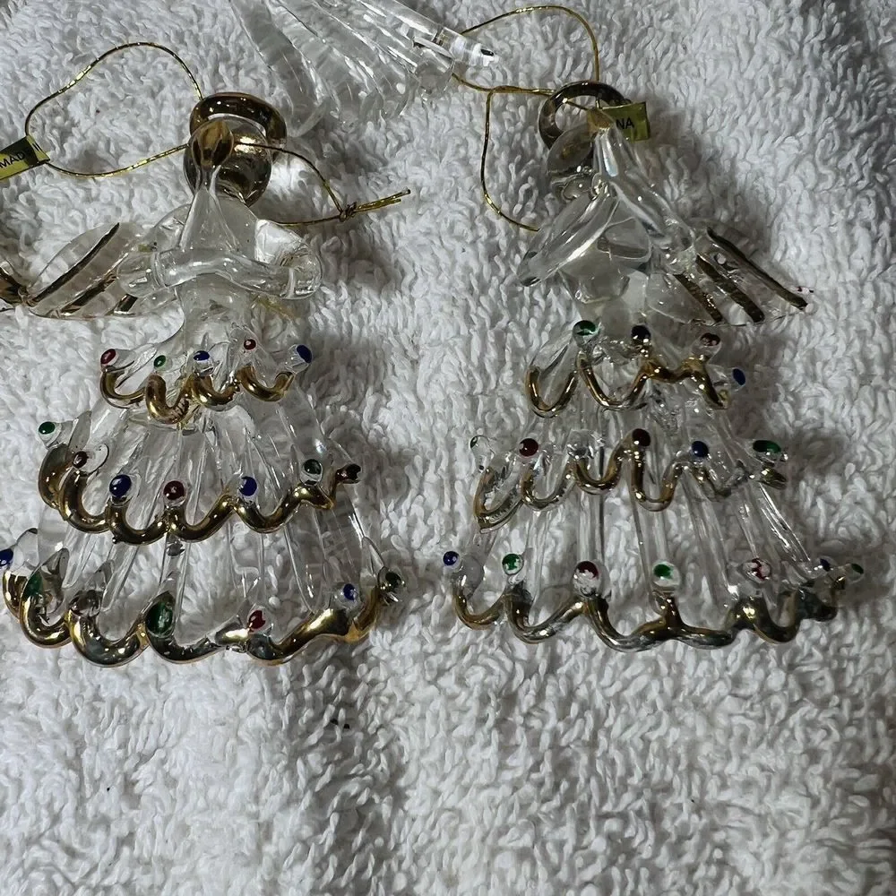 Clear Glass Gold Outlined Christmas Tree 3”‎ Angel Ornaments Lot of 4 -READ